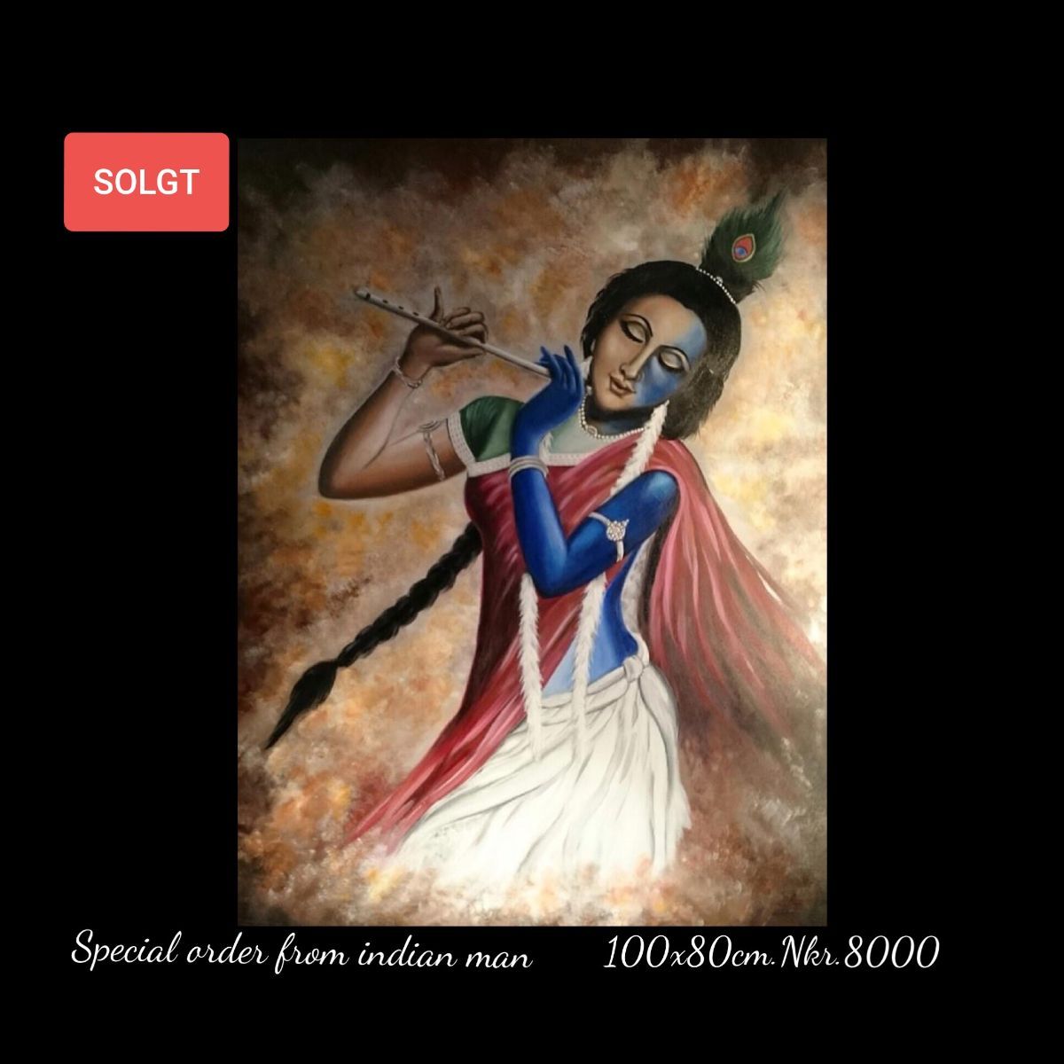 A painting of a woman playing a flute has soldt written on it