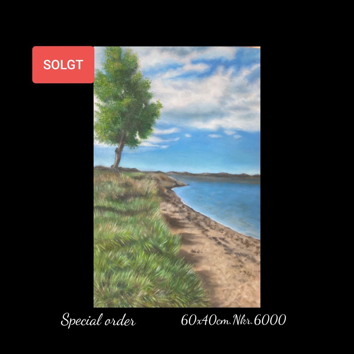 A painting of a tree on the shore of a lake