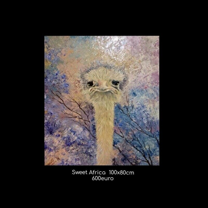 A painting of an ostrich with a long neck