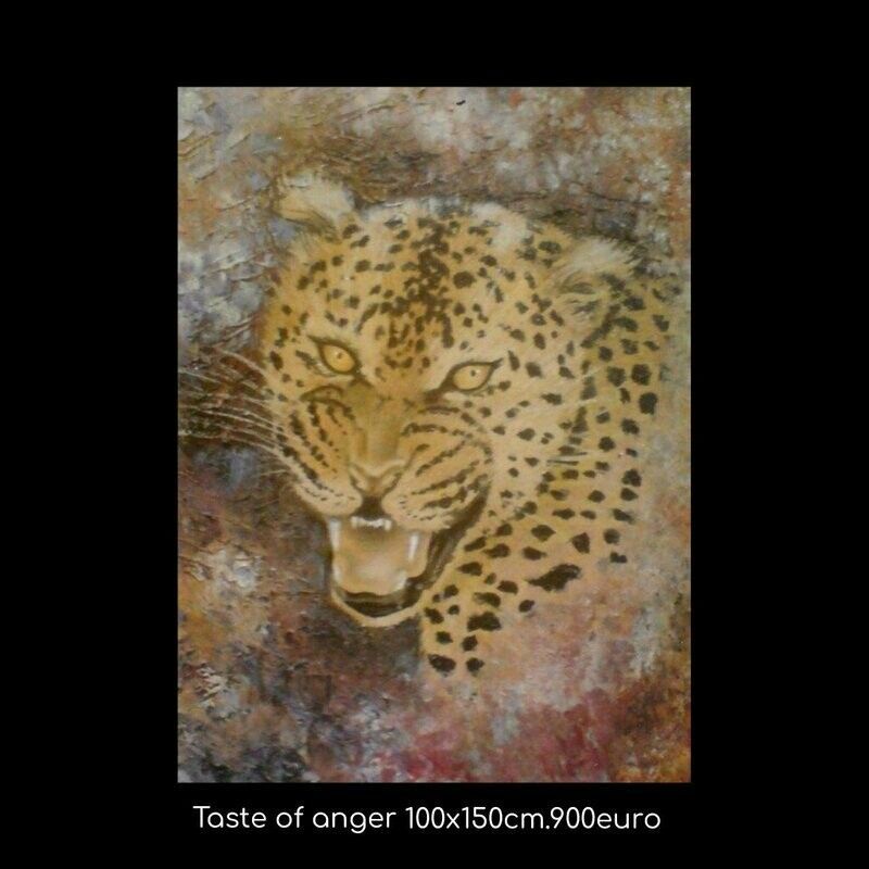 A painting of a leopard with the title taste of anger