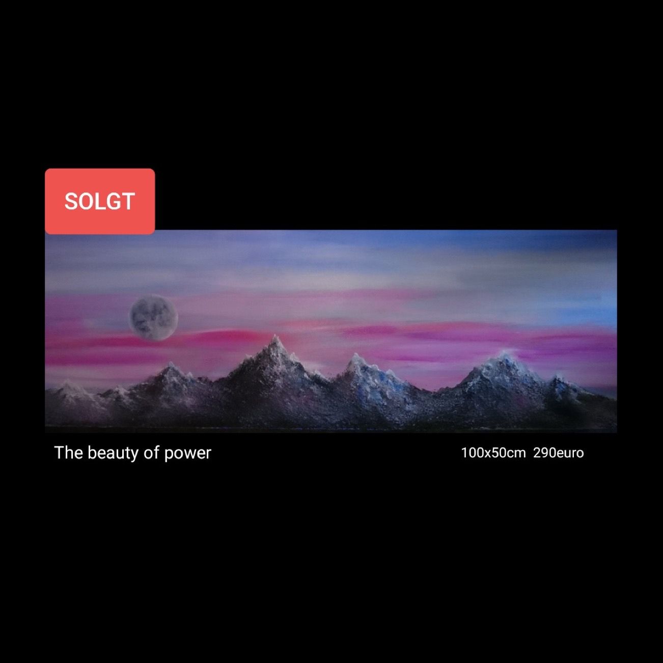 A painting of mountains with a pink sky and a full moon