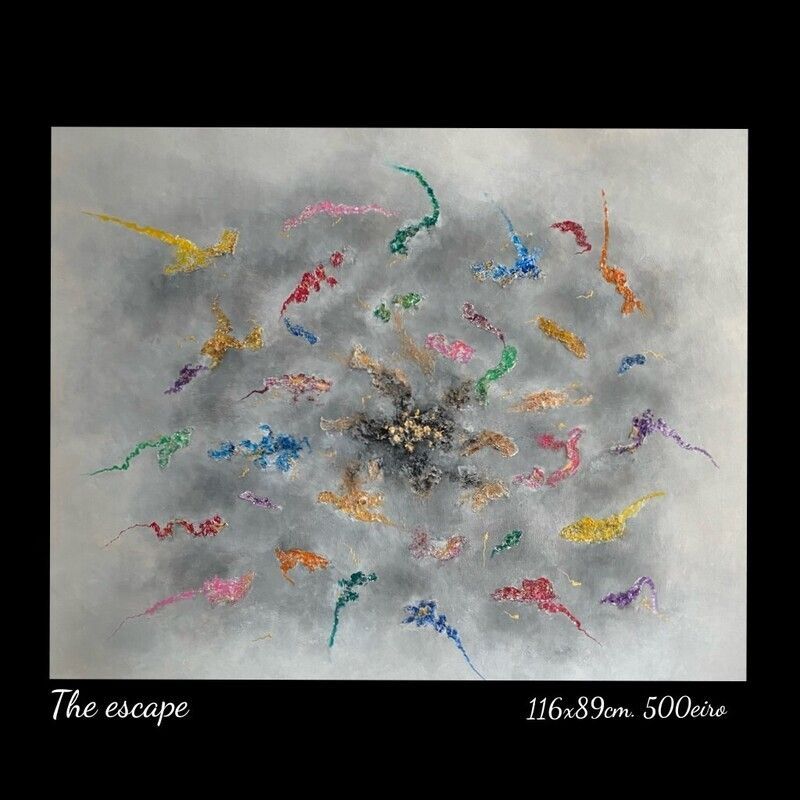 A painting titled the escape with a gray background