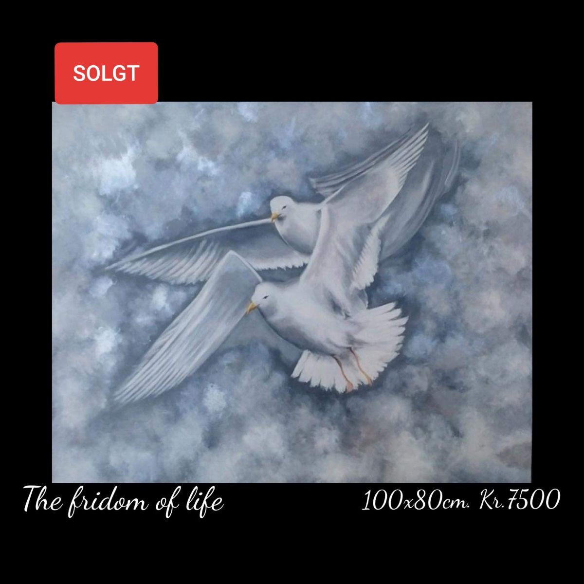 A painting of two white birds is for sale
