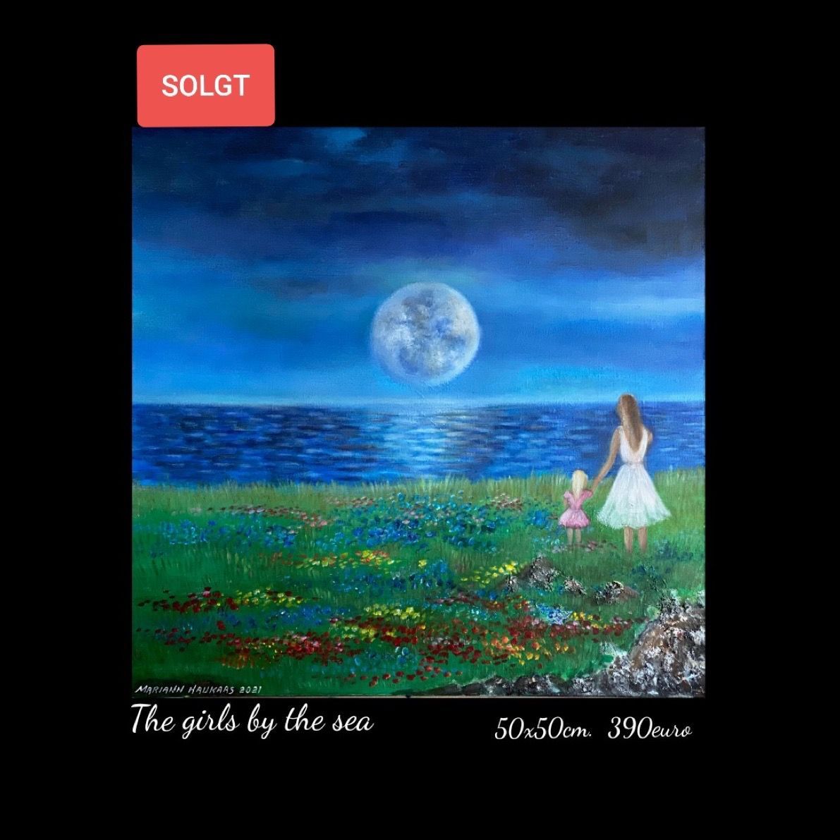 A painting of a woman and a child looking at the ocean