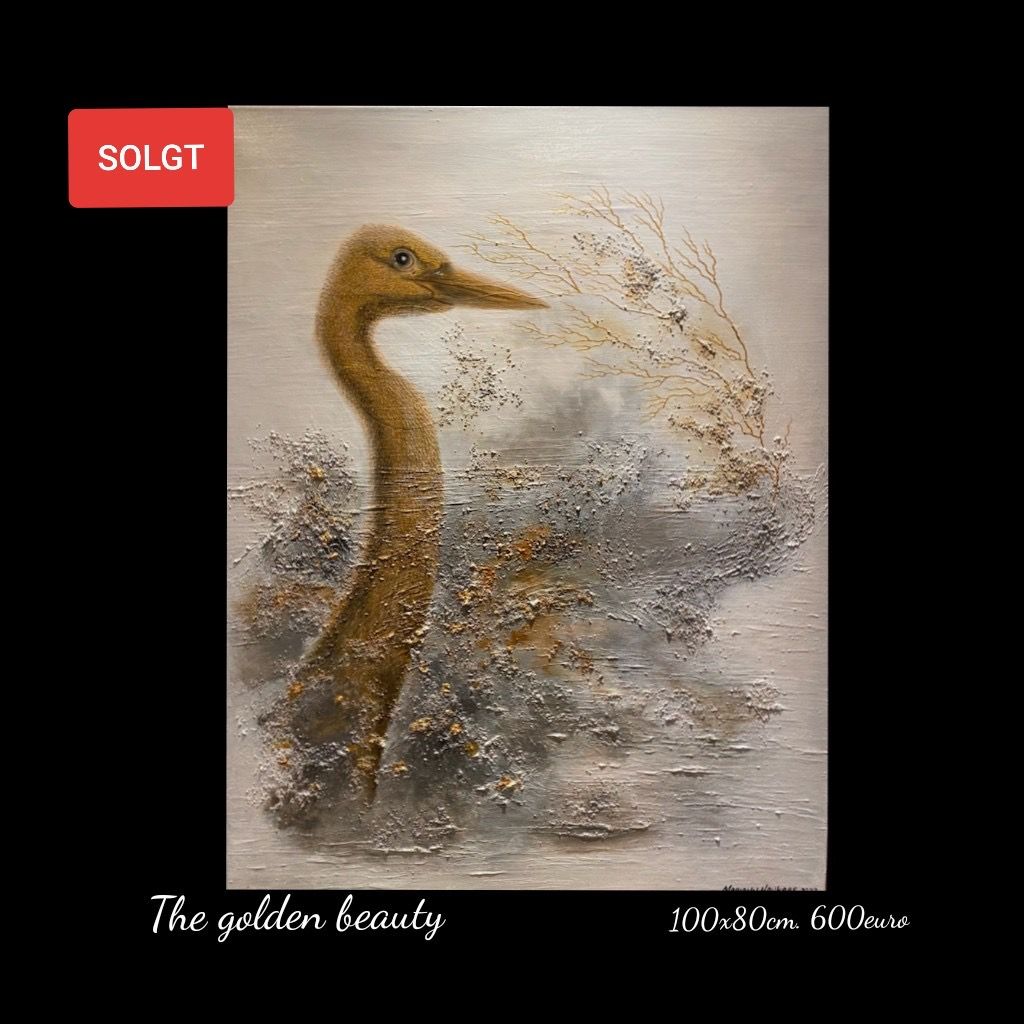 A painting of a bird with a long neck is for sale.