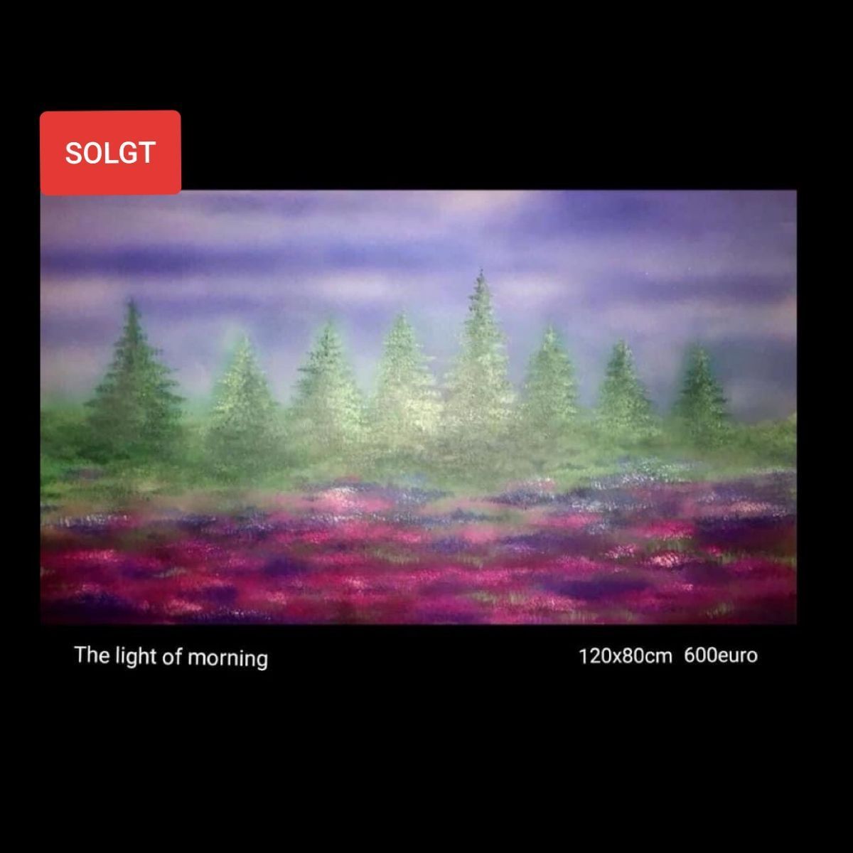 A painting of a field of flowers with trees in the background