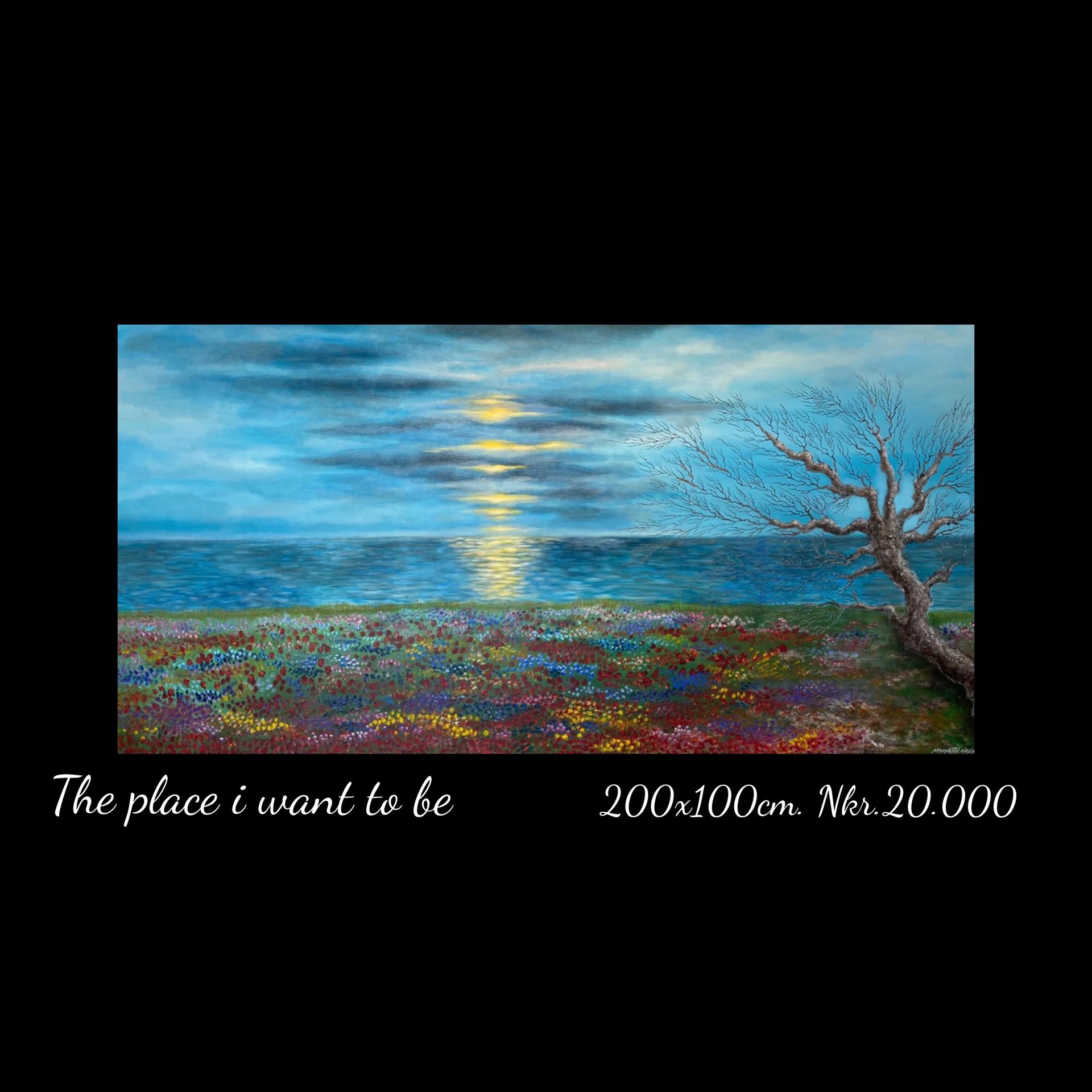 A painting of a tree by the ocean with the words the place i want to be