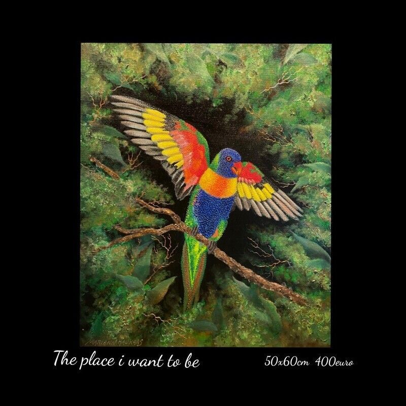 A painting of a colorful bird with the words the place i want to be below it