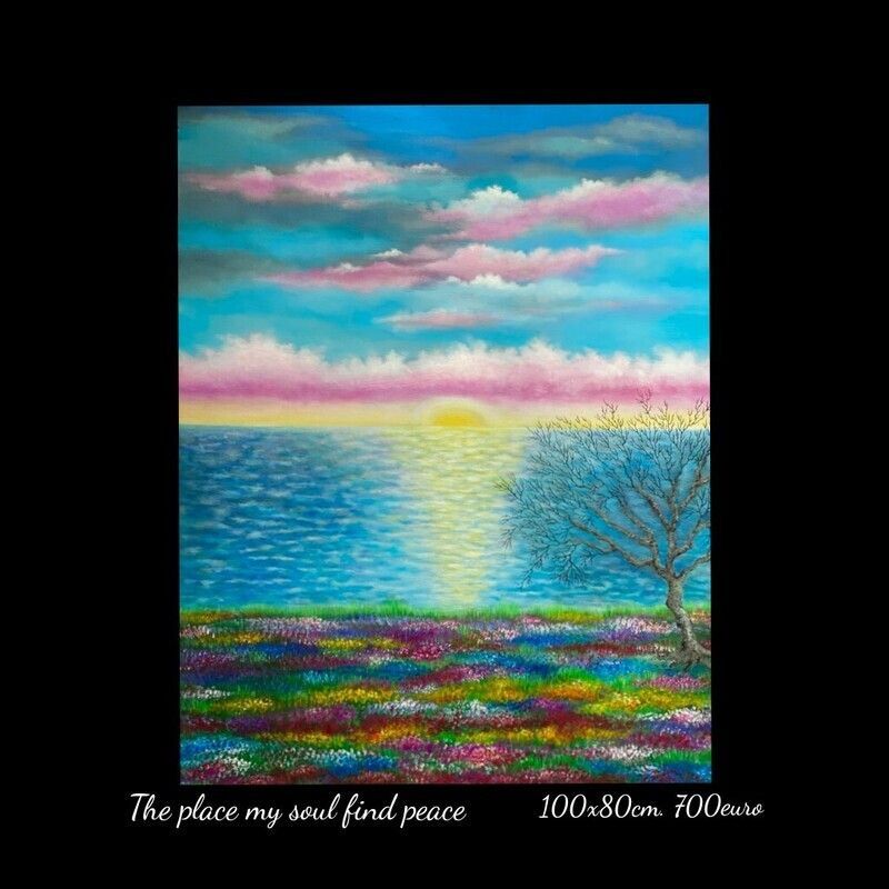 A painting of a sunset over the ocean with the words the place my soul find peace