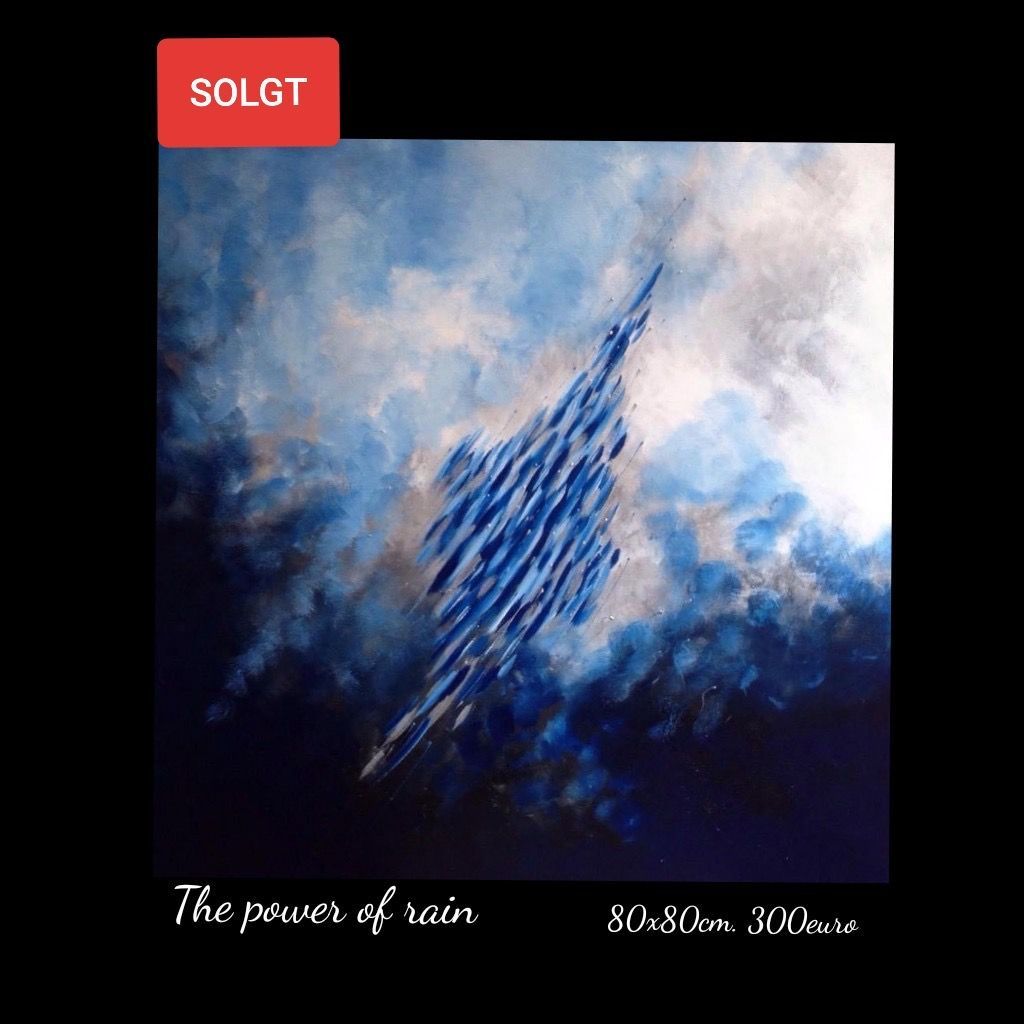 A painting of a cloudy sky with the words `` the power of rain '' written on it.