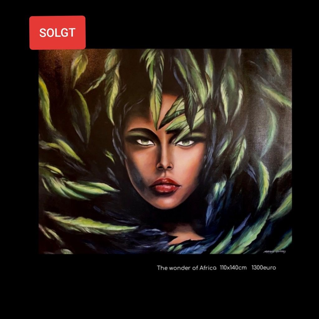 A painting of a woman with leaves on her head is for sale