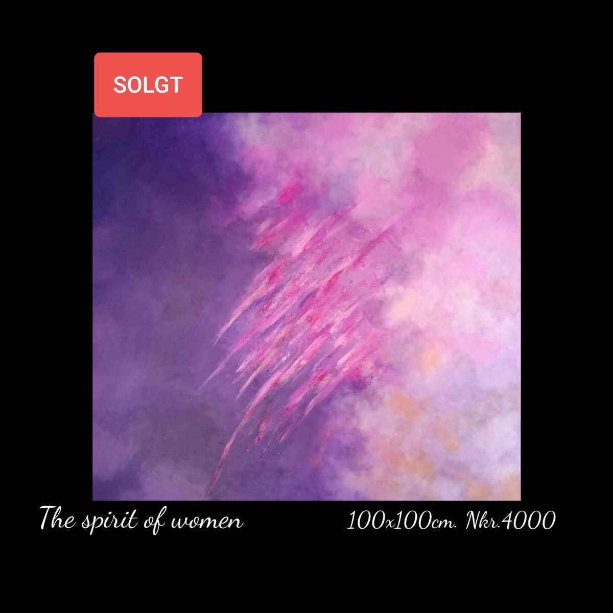 A purple and pink painting titled the spirit of women