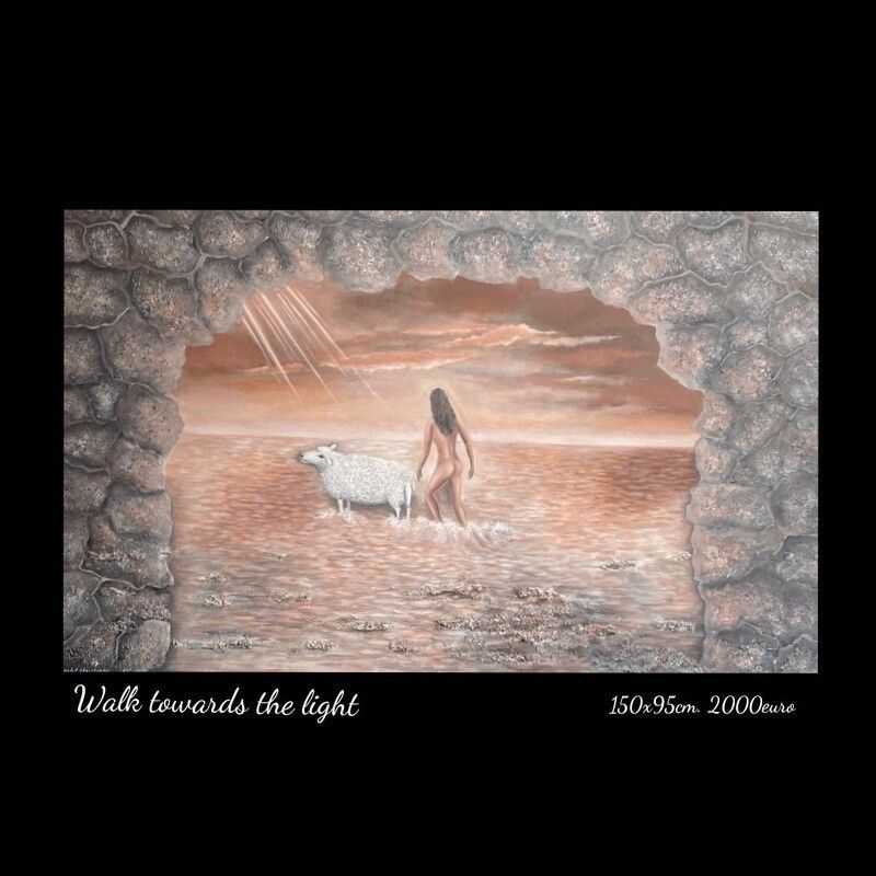 A painting of a woman and a sheep with the words 