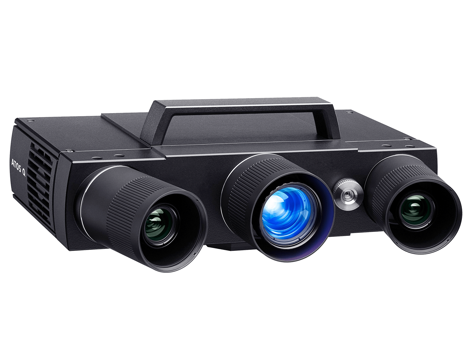 A black projector with three lenses and a handle on a white background.