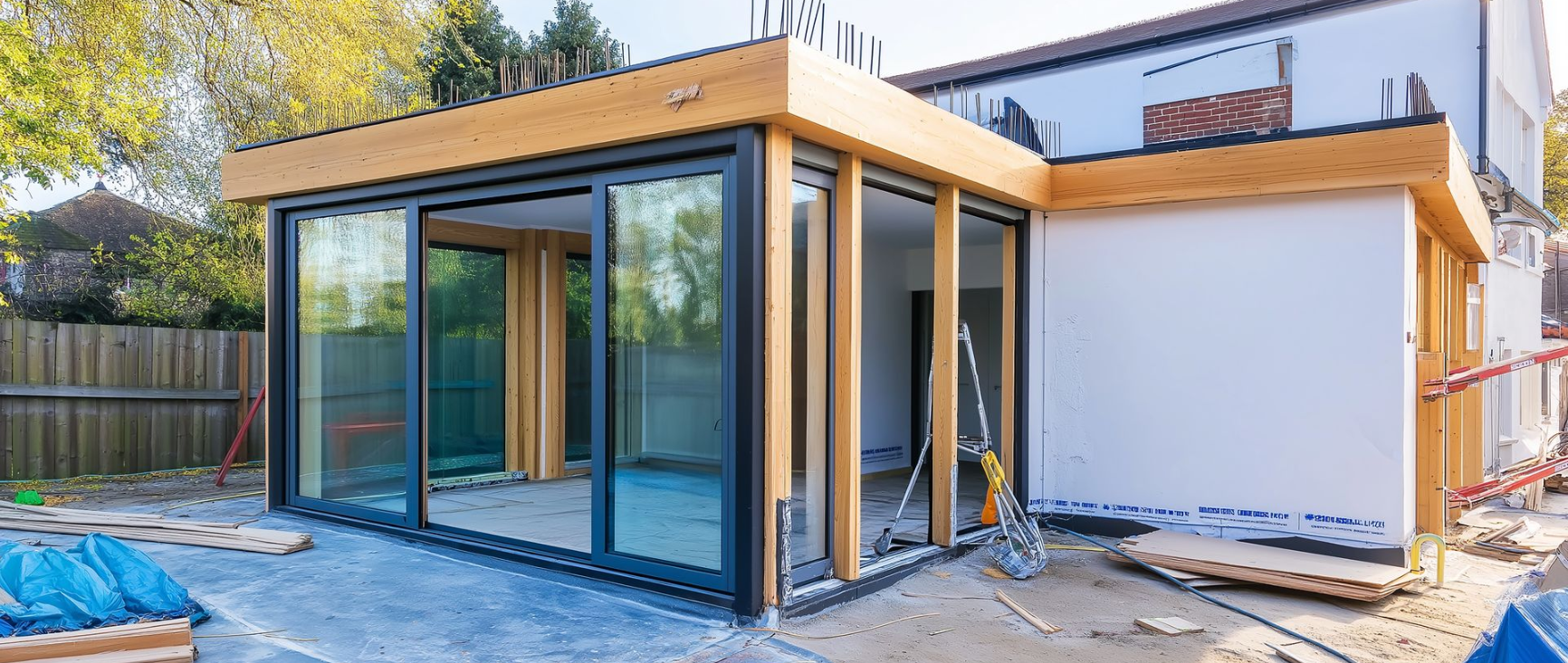 Une personne est assise sur un canapé gris clair dans un salon moderne et lumineux, à côté d'une plante en pot, près d'une table basse en verre.
