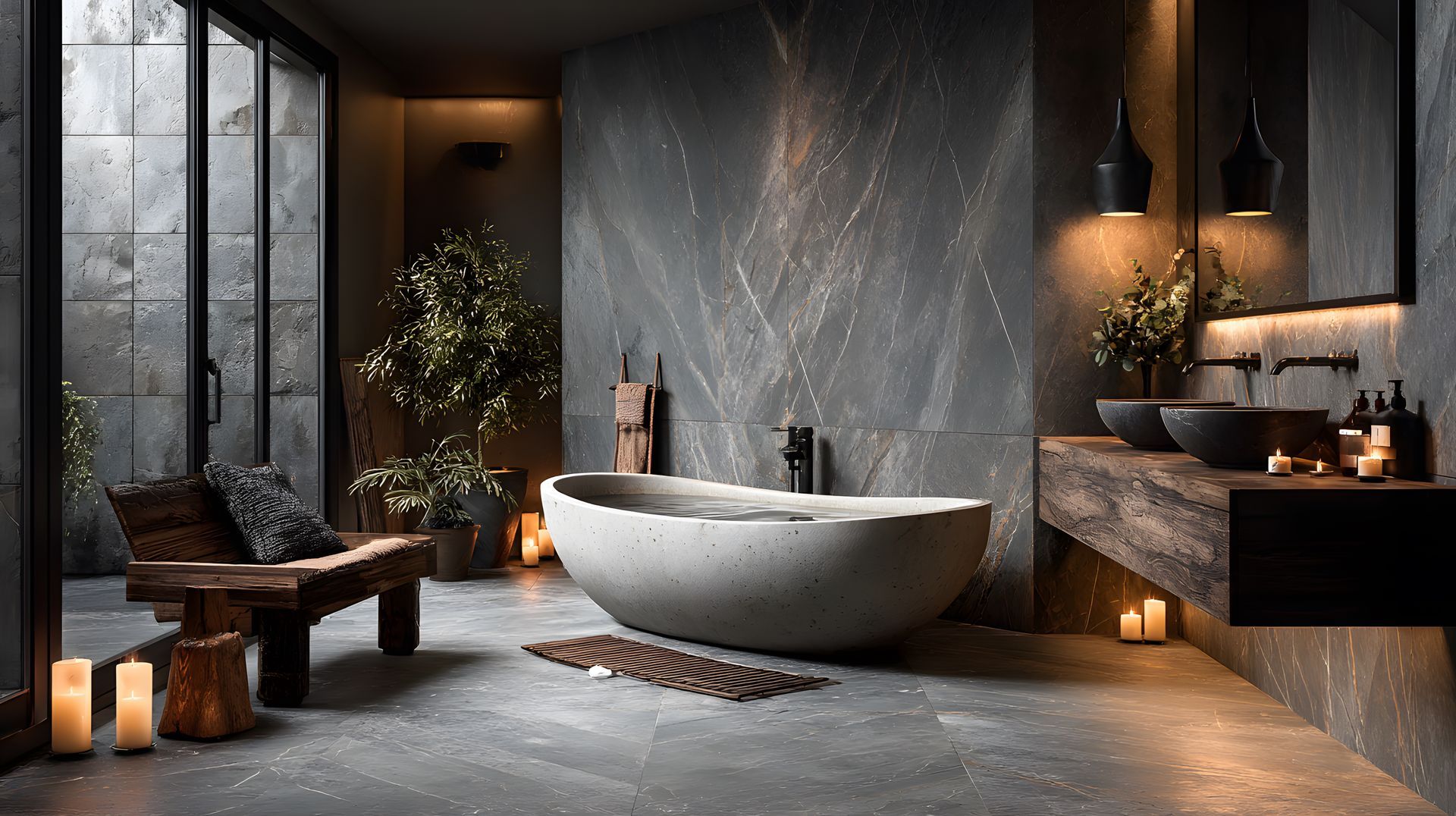 Une salle de bains sombre et mystérieuse avec une baignoire îlot en béton, des murs en pierre, un meuble-lavabo en bois et un éclairage chaleureux aux bougies.