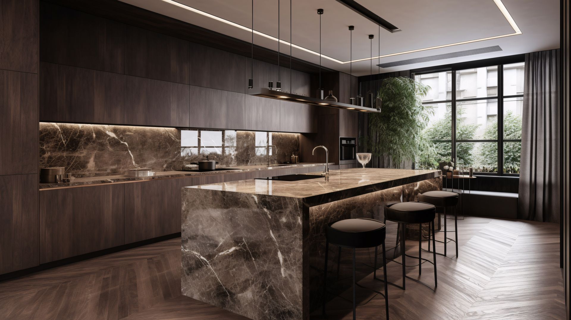 Une cuisine moderne et luxueuse avec des armoires en bois foncé, un grand îlot en marbre avec tabourets de bar et un parquet à chevrons.