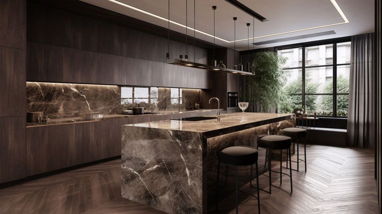Une cuisine moderne et luxueuse avec des armoires en bois foncé, un grand îlot en marbre avec tabourets de bar et un parquet à chevrons.