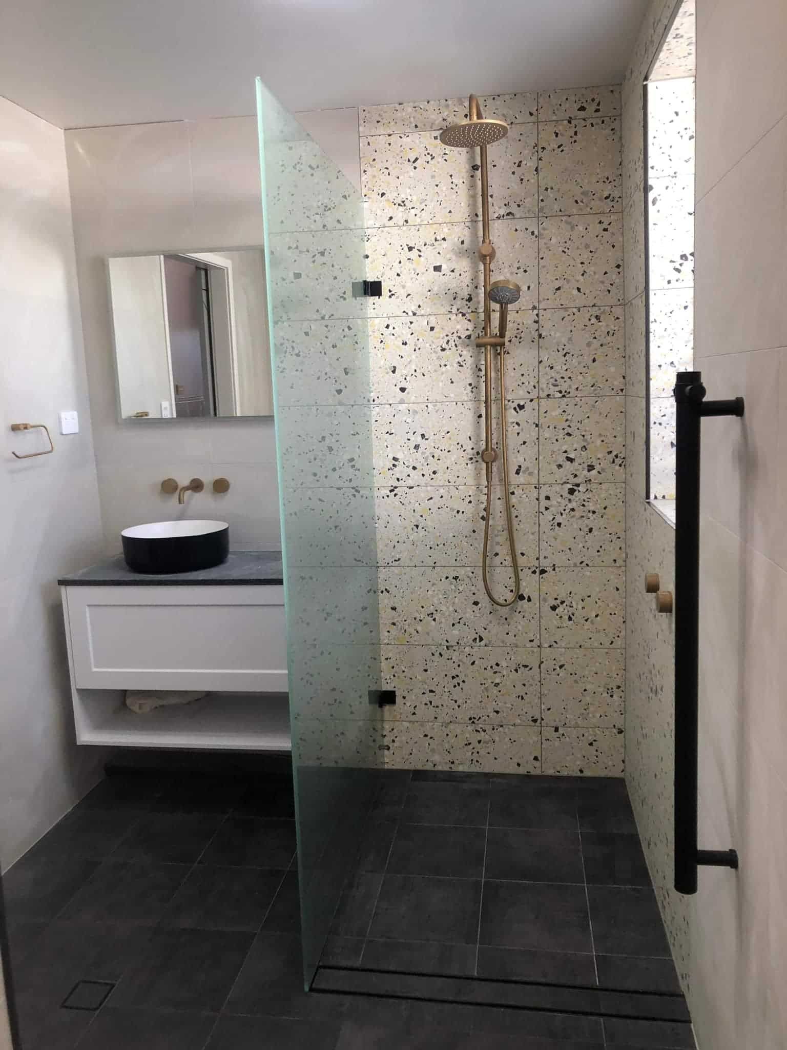 A Bathroom with A Walk in Shower, Sink and Mirror — Colour Splash in Lake Macquarie, NSW
