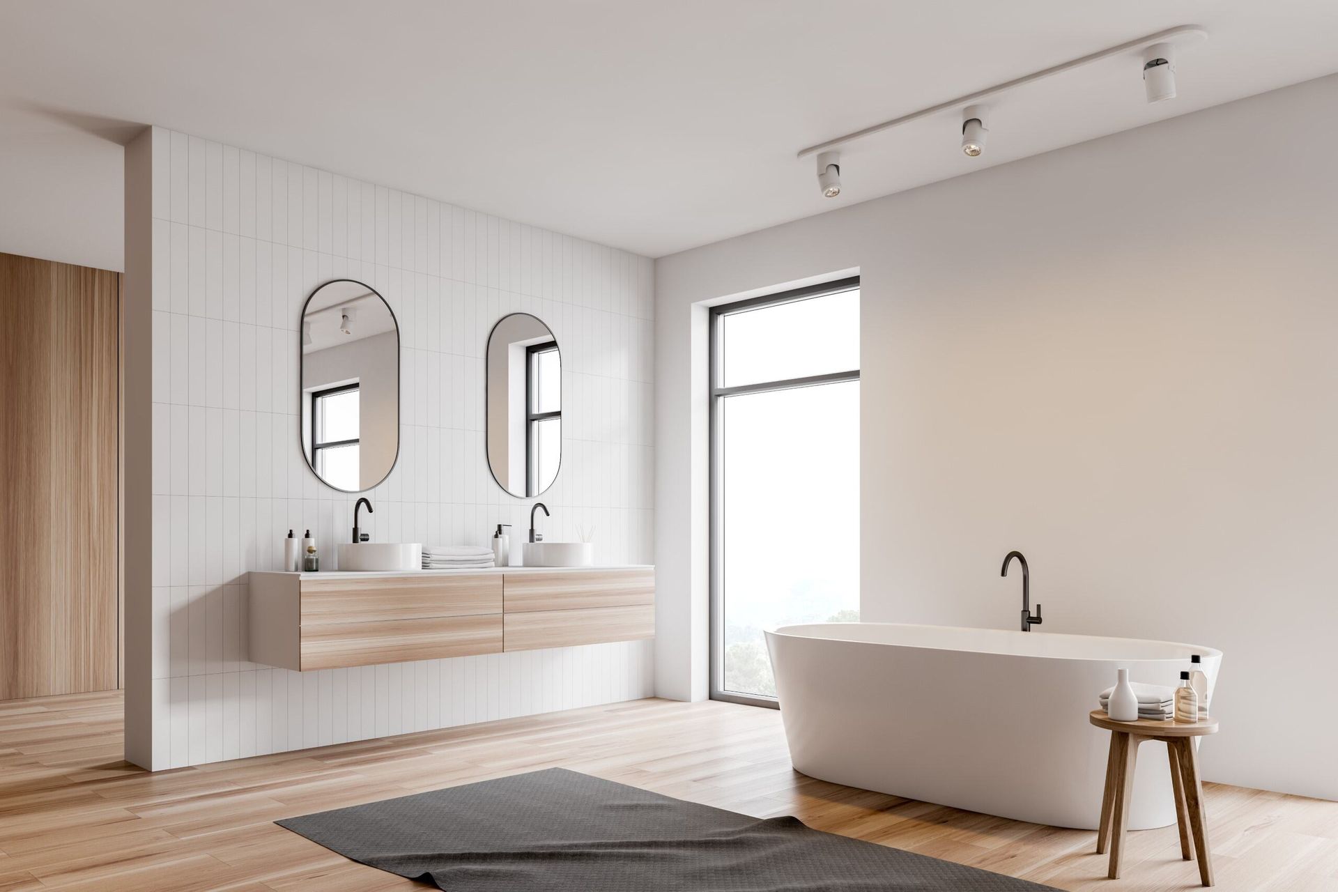 A Bathroom with A Tub, Sinks, Mirrors and A Window — Colour Splash in Merewether, NSW