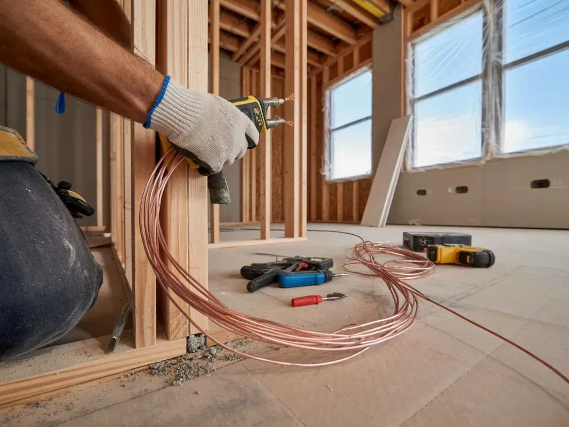 An electrician’s gloved hand holds coiled copper wires inside a wooden building frame under construction.
