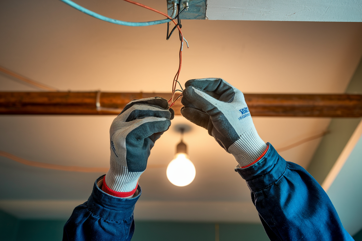 Hands in grey work gloves join exposed electrical wires hanging from a ceiling box, with a light bulb glowing nearby.