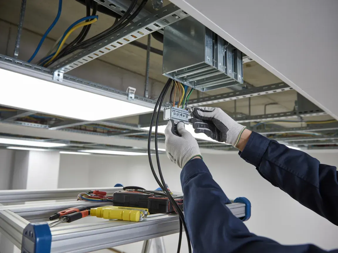 An electrician wearing gloves works on electrical wiring connected to a ceiling-mounted junction box.