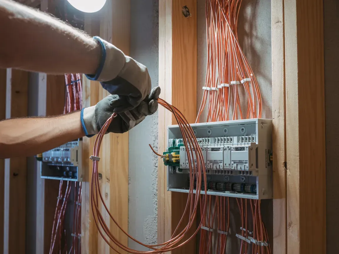 A person in work gloves holds a coil of copper wire while installing electrical components in a wall frame.