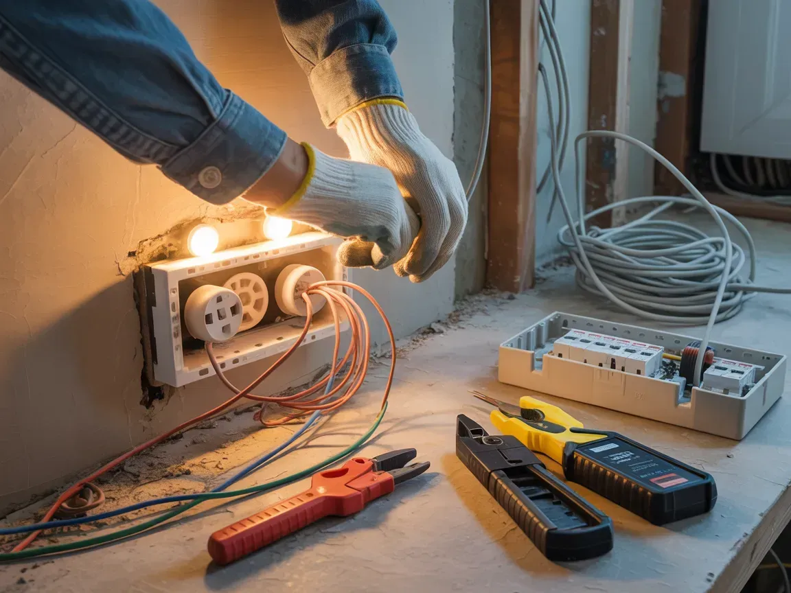 An electrician wearing work gloves installs electrical wiring into a wall outlet box, with tools nearby on a wooden surface.