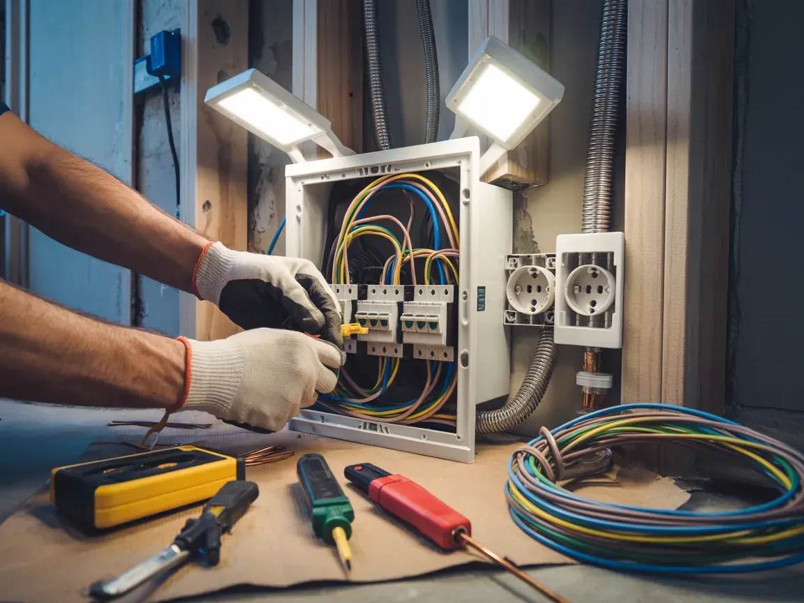 An electrician wearing white work gloves installs wiring into a wall-mounted electrical panel, surrounded by tools.