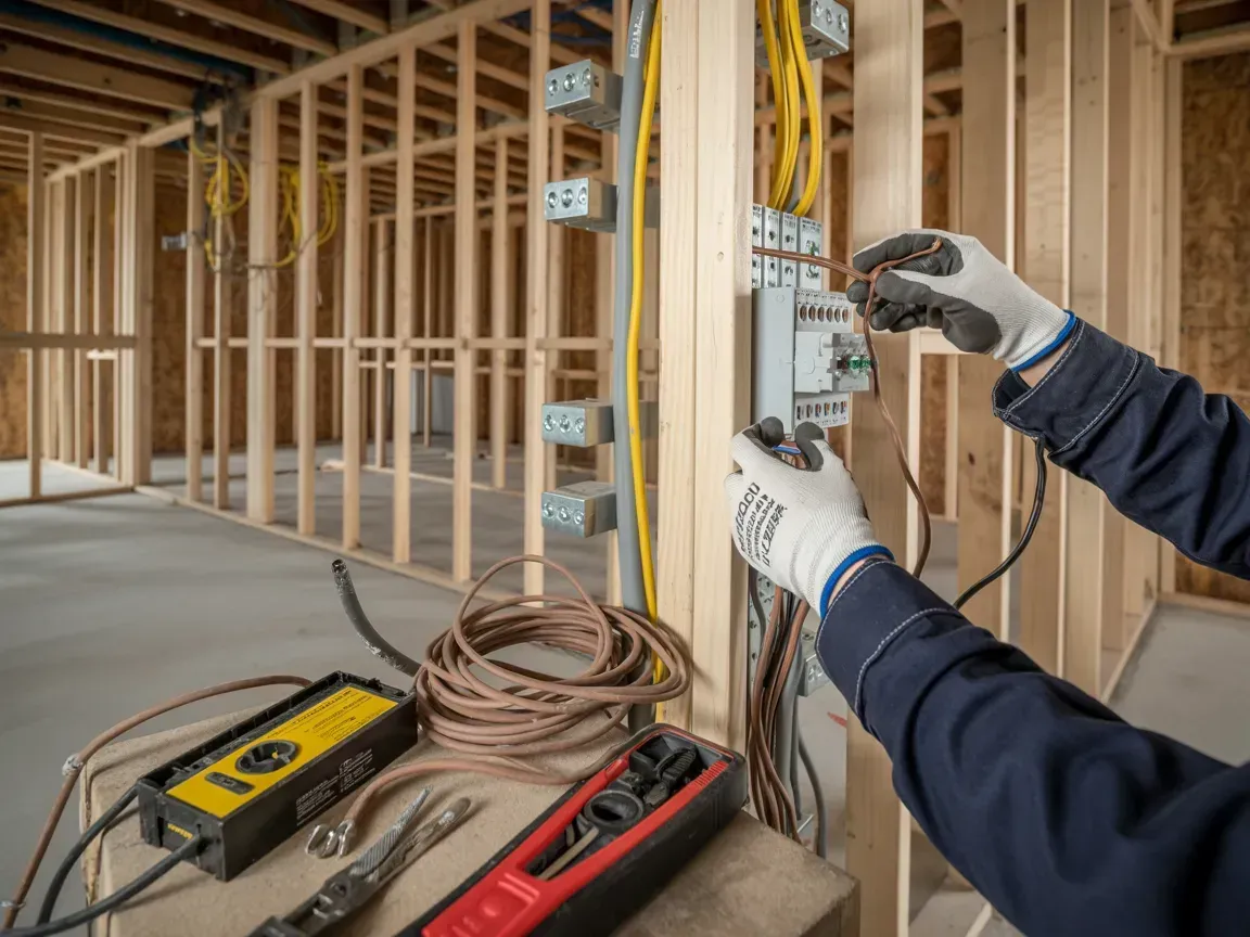An electrician in work gloves installs wiring in a metal electrical box mounted to a wooden wall frame at a job site.