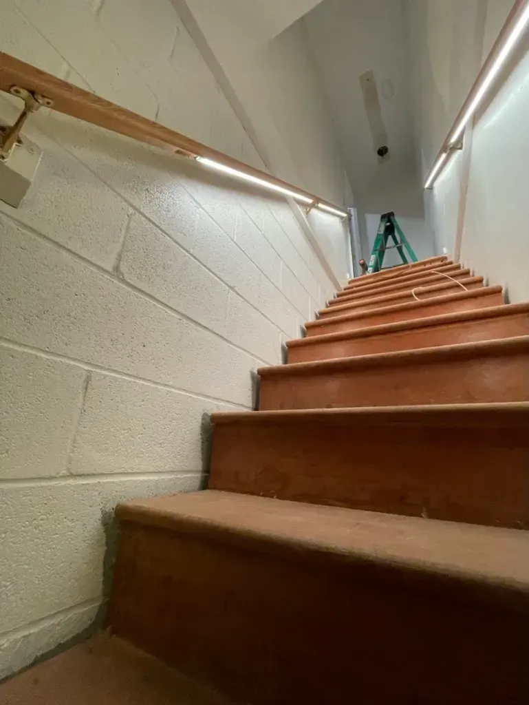 A ladder is sitting on top of a set of stairs in a basement.