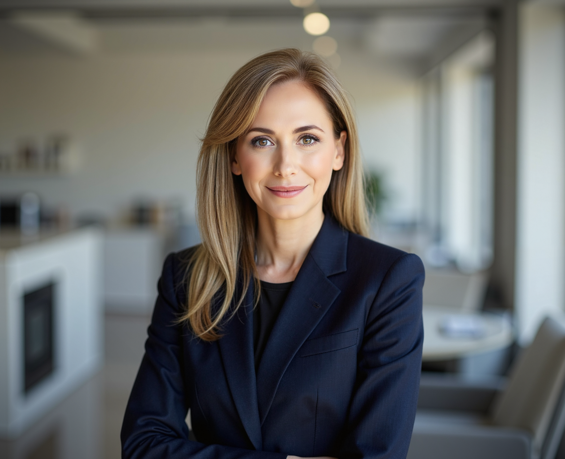Woman in a navy blazer smiles, standing in an office with natural light and neutral colors.