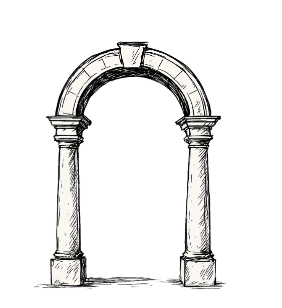 Stone archway with columns, sketched in black and white.