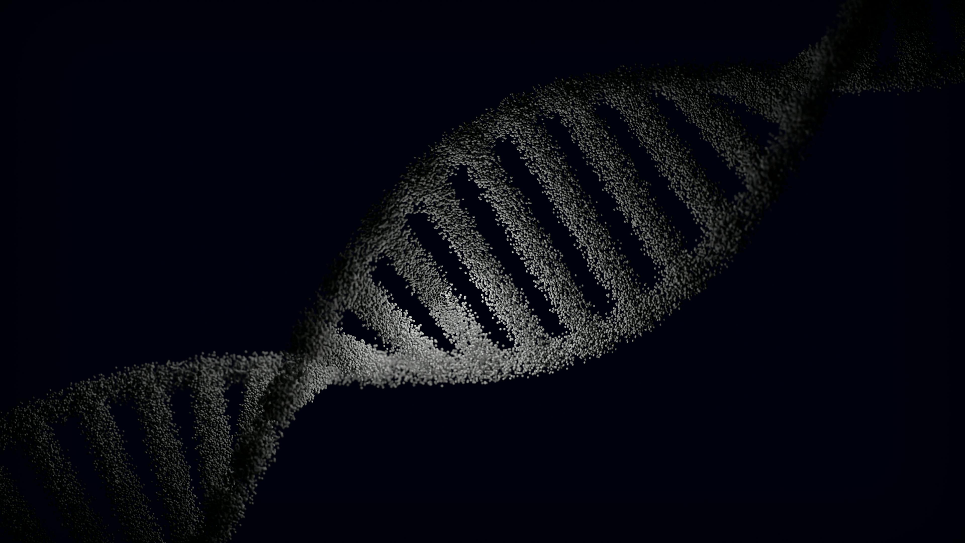 A 3D rendering of a white DNA double helix against a dark blue background.
