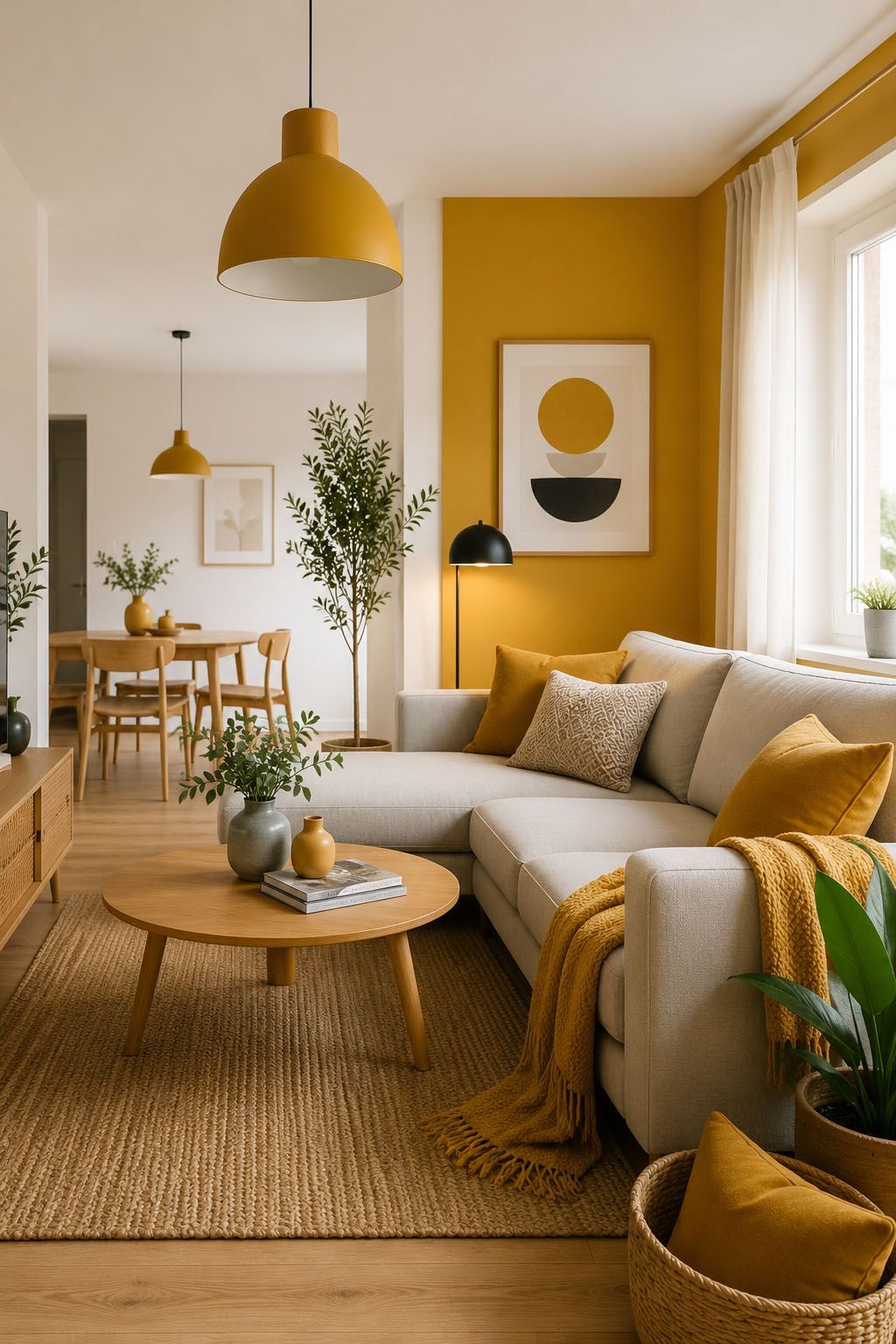 Imagem de uma sala de estar com tons amarelos