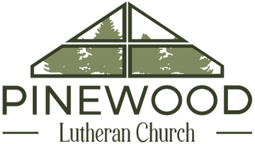 The Pinewood Lutheran Church logo, featuring a stylized, green-tinted triangular window framing pine trees.