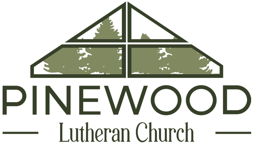 Logo for Pinewood Lutheran Church featuring a green pine tree silhouette inside a triangular window frame.