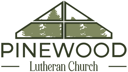 Logo for Pinewood Lutheran Church featuring a green pine tree silhouette inside a triangular window frame.