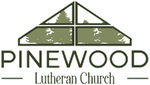 Logo for Pinewood Lutheran Church featuring a stylized, green pine tree-filled triangular window icon above text.