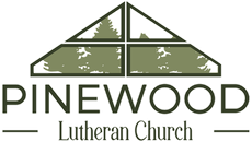 Logo for Pinewood Lutheran Church featuring a stylized, green pine tree-filled triangular window icon above text.