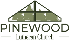 Logo for Pinewood Lutheran Church featuring a stylized, green pine tree-filled triangular window icon above text.