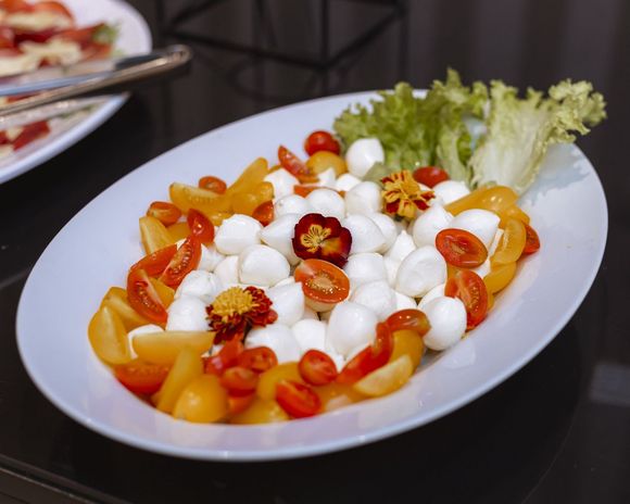 Un piatto bianco condito con pomodori e palline di mozzarella