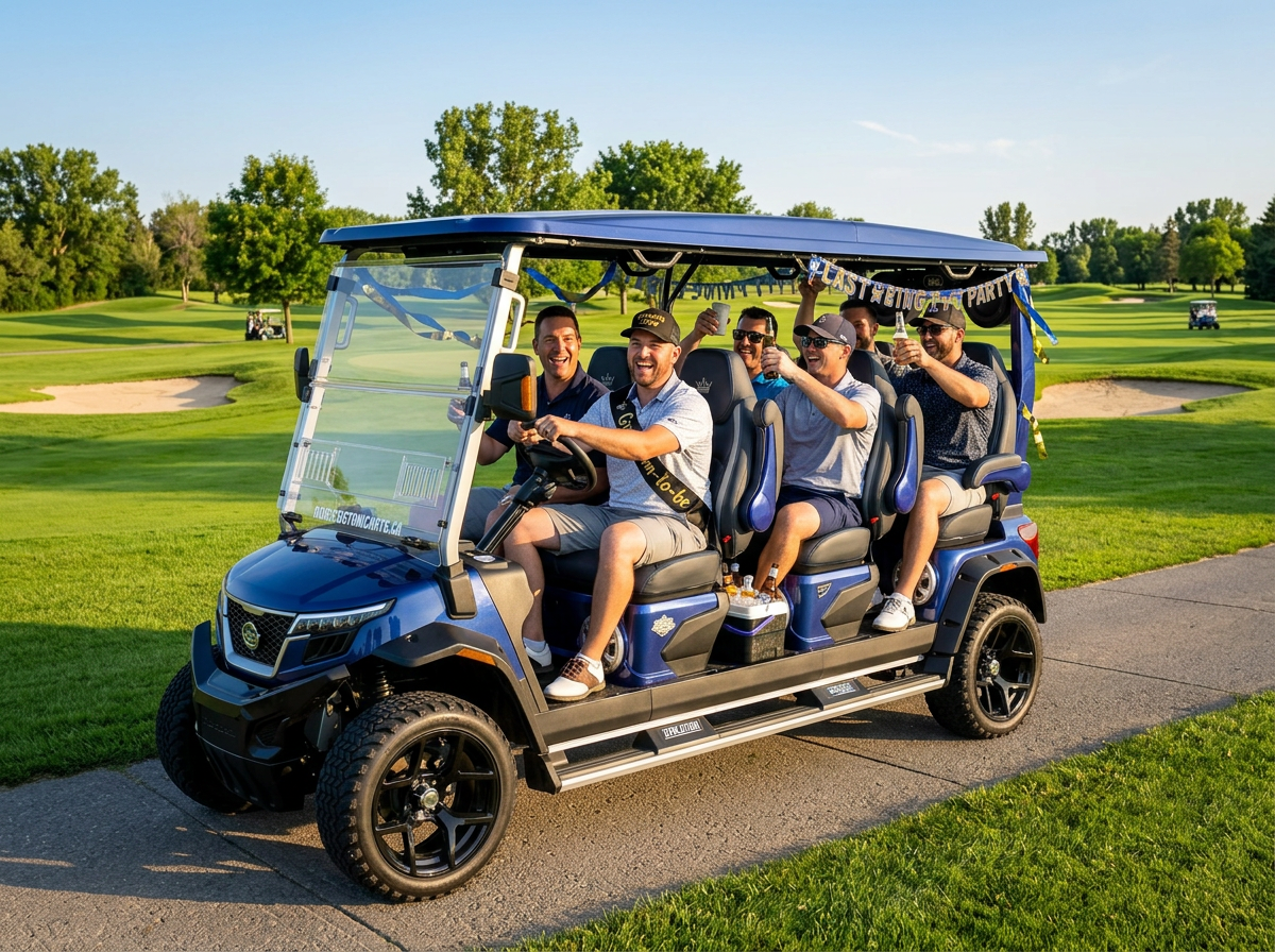 Six people smiling and cheering while riding in a blue golf cart on a sunny, grassy golf course.