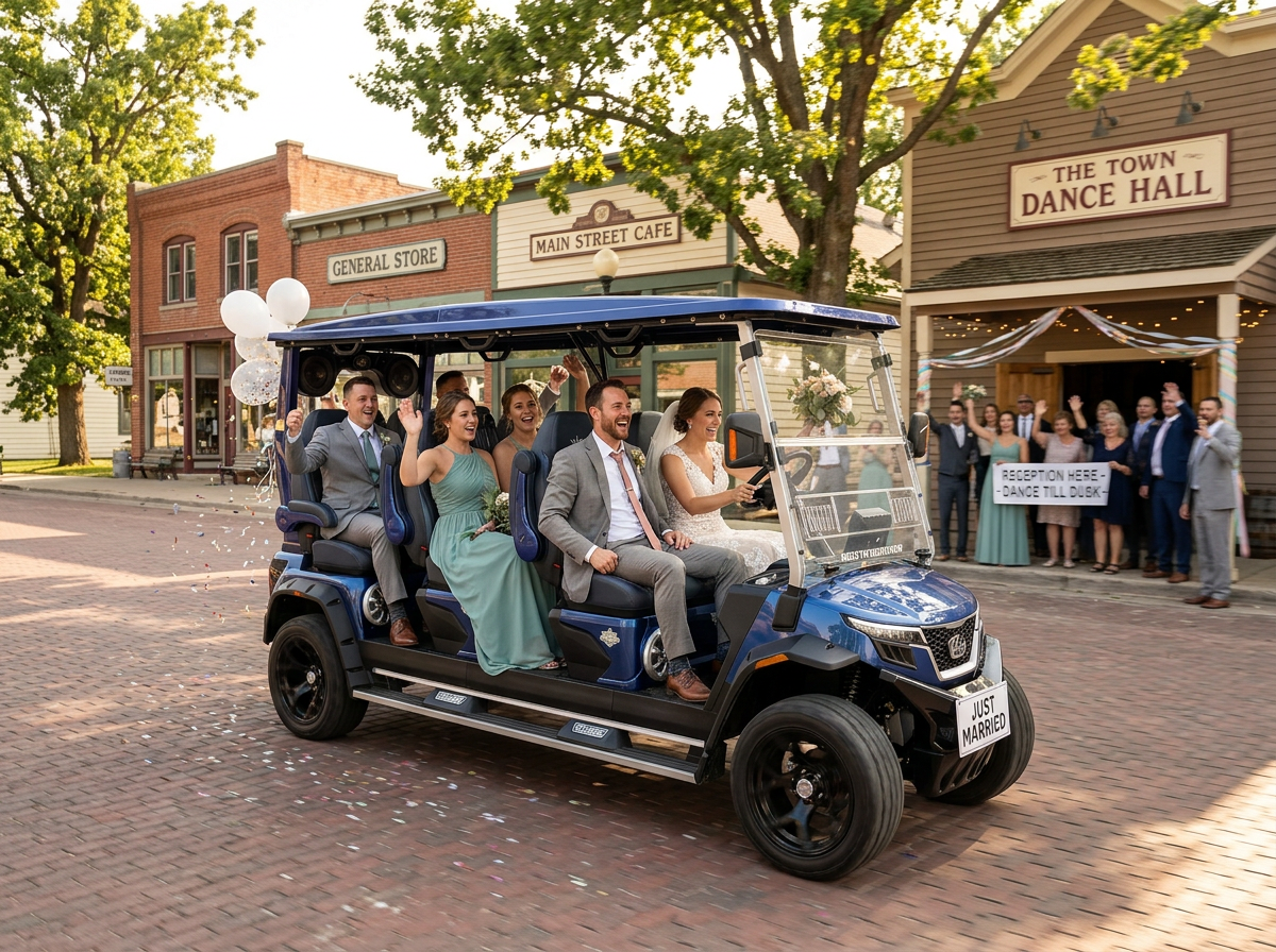 Wedding party in formal attire riding a blue golf cart through a historic town center with guests waving in the background.