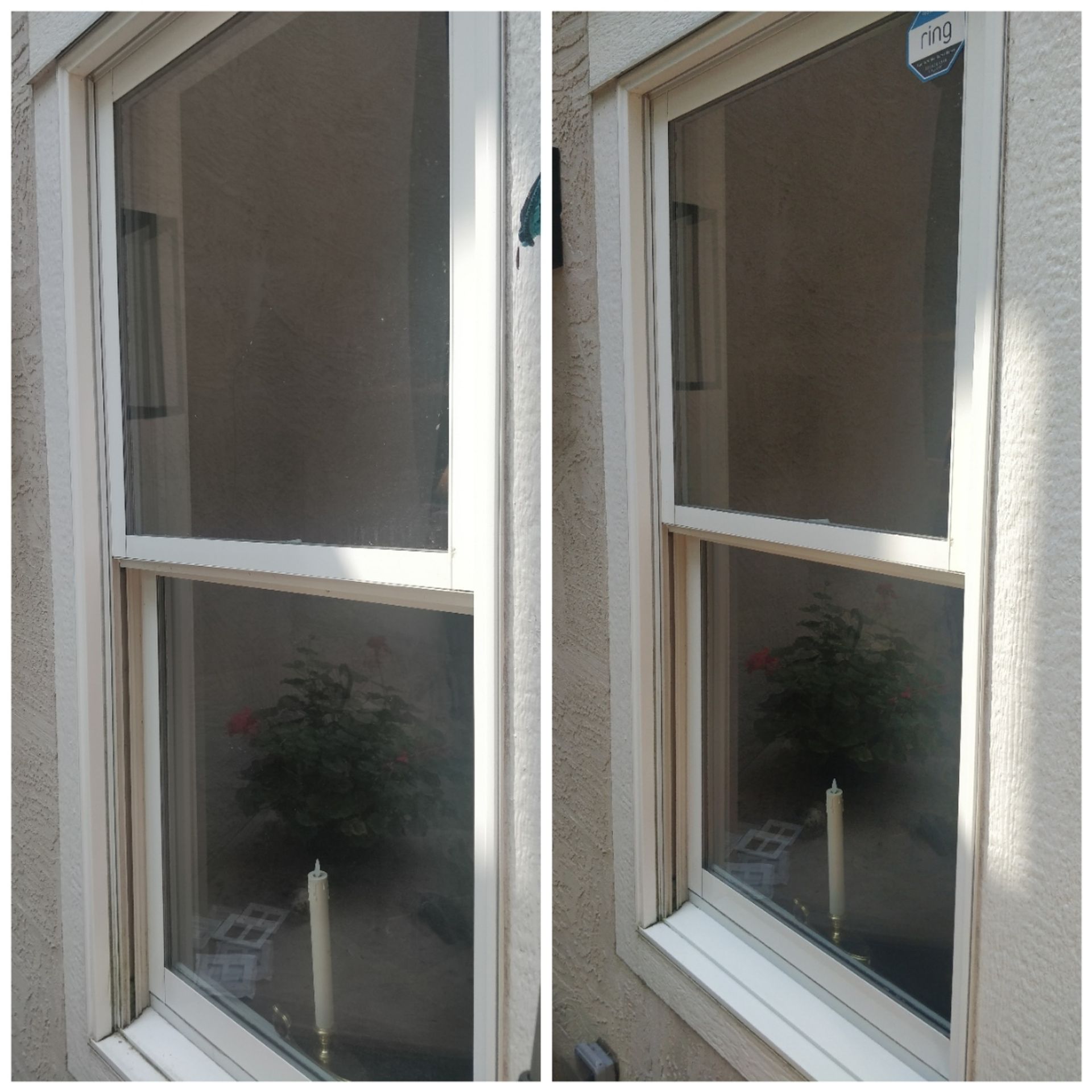A before and after picture of a window with a candle in it
