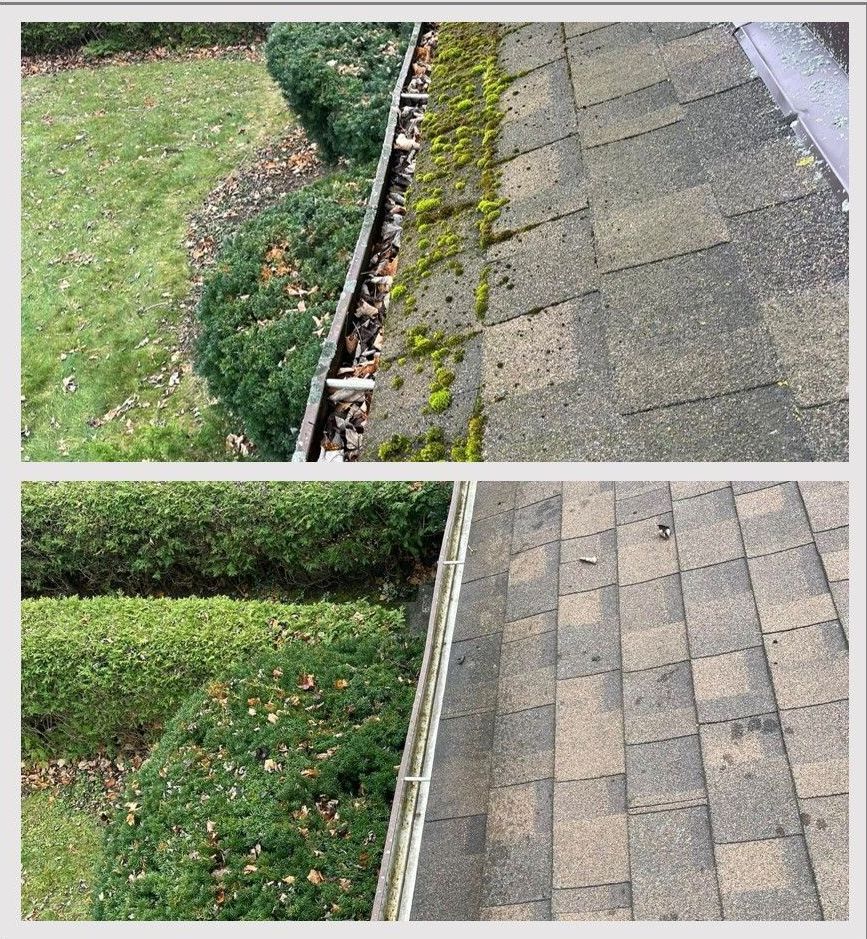 A before and after picture of a gutter cleaning.