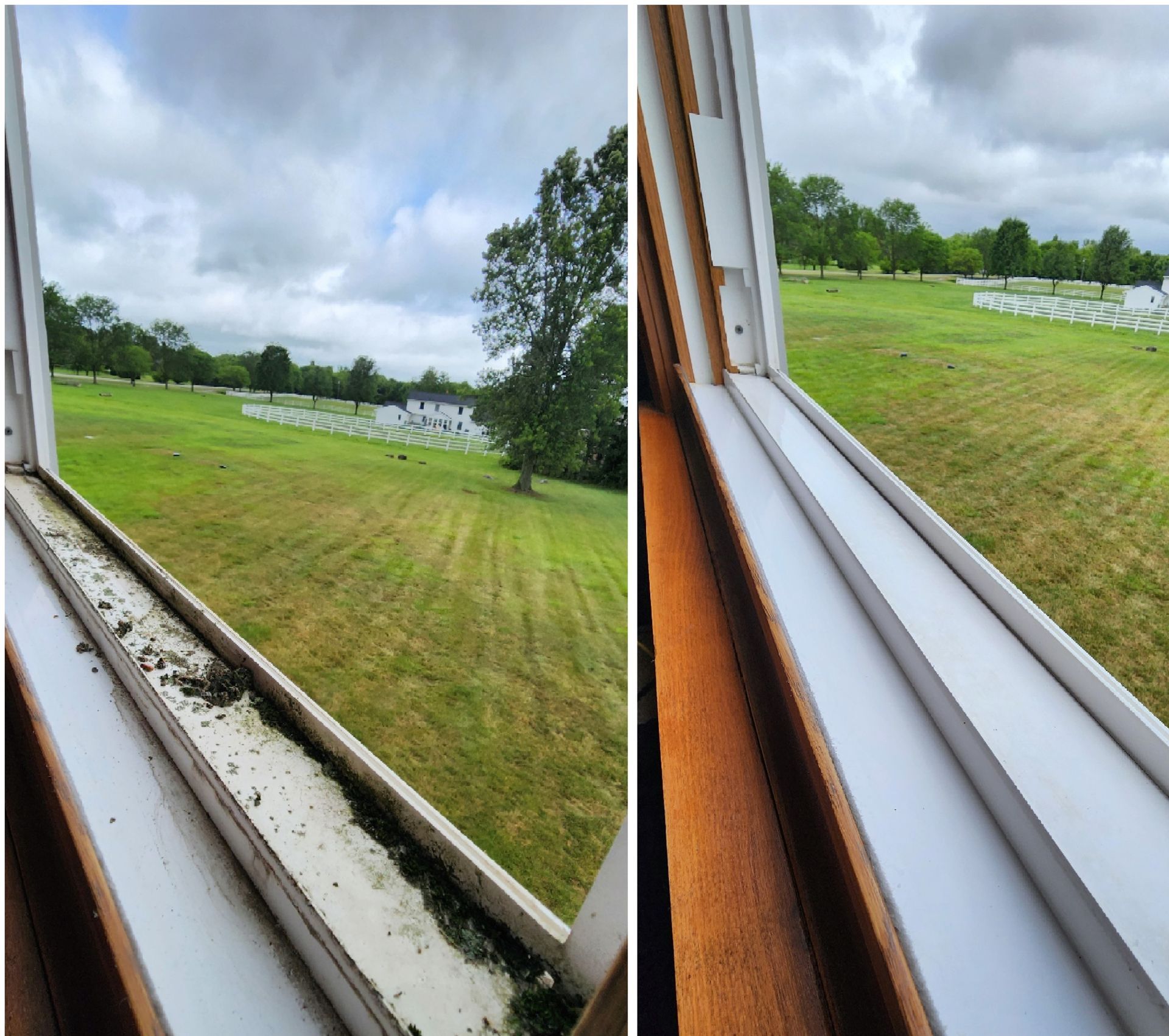 A before and after picture of a window with a field in the background