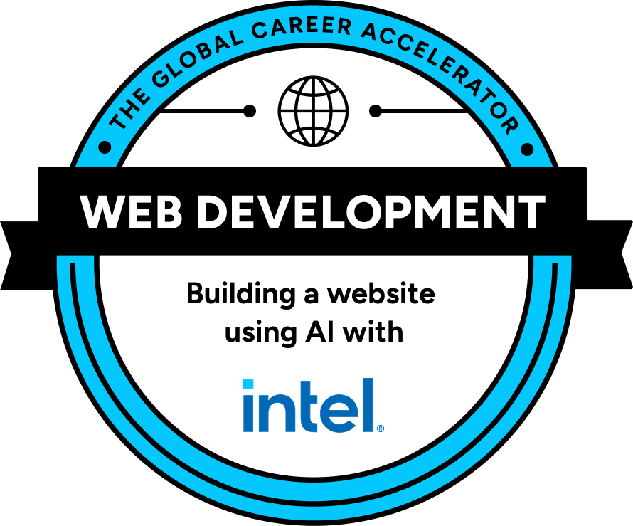 Badge for Web Development using AI. Features Intel logo, global career accelerator, and globe graphic.