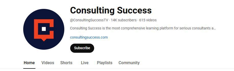 Consulting Success YouTube channel banner with logo, description, and 